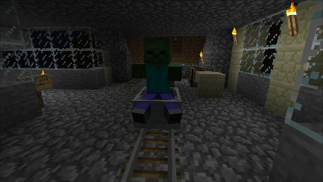 A screenshot of Minecraft showing a zombie apparently attempting to ride a minecart